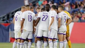 FOXBOROUGH, MA - JULY 27: Orlando City huddles up during a match between the New England Revolution and Orlando City SC on July 27 2019, at Gillette Stadium in Foxborough, Massachusetts. (Photo by Fred Kfoury III/Icon Sportswire via Getty Images)