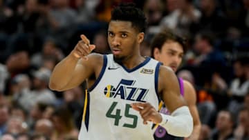 SALT LAKE CITY, UT - MARCH 14: Donovan Mitchell #45 of the Utah Jazz reacts to a play during a game against the Minnesota Timberwolves at Vivint Smart Home Arena on March 14, 2019 in Salt Lake City, Utah. (Photo by Alex Goodlett/Getty Images)