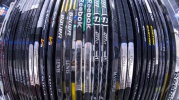 Dec 31, 2013; Dallas, TX, USA; A view of the Los Angeles Kings hockey sticks before the game between the Dallas Stars and the Kings at the American Airlines Center. The Stars defeated the Kings 3-2. Mandatory Credit: Jerome Miron-USA TODAY Sports
