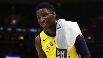 CLEVELAND, OH - APRIL 25: Victor Oladipo #4 of the Indiana Pacers looks on from the bench while playing the Cleveland Cavaliers in Game Five of the Eastern Conference Quarterfinals during the 2018 NBA Playoffs at Quicken Loans Arena on April 25, 2018 in Cleveland, Ohio. (Photo by Gregory Shamus/Getty Images)