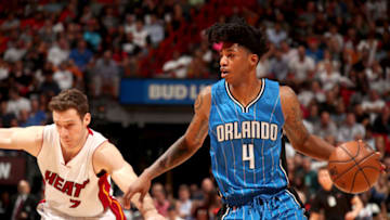 MIAMI, FL - FEBRUARY 13: Elfrid Payton #4 of the Orlando Magic handles the ball against the Miami Heat on February 13, 2017 at American Airlines Arena in Miami, Florida. NOTE TO USER: User expressly acknowledges and agrees that, by downloading and or using this Photograph, user is consenting to the terms and conditions of the Getty Images License Agreement. Mandatory Copyright Notice: Copyright 2017 NBAE (Photo by Issac Baldizon/NBAE via Getty Images)