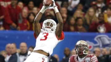Dec 31, 2015; Atlanta, GA, USA; Houston Cougars cornerback William Jackson III (3) intercepts the ball intended for Florida State Seminoles wide receiver Jesus Wilson (3) in the second quarter of the 2015 Chick-fil-A Peach Bowl at the Georgia Dome. Mandatory Credit: Jason Getz-USA TODAY Sports