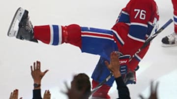 Oct 18, 2014; Montreal, Quebec, CAN; Montreal Canadiens defenseman P.K. Subban (76) celebrates after scoring a goal against Colorado Avalanche during the second period at Bell Centre. Mandatory Credit: Jean-Yves Ahern-USA TODAY Sports