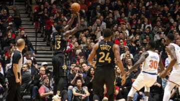 TORONTO, CANADA - NOVEMBER 27: Pascal Siakam #43 of the Toronto Raptors shoots the ball during a game against the New York Knicks on November 27, 2019 at the Scotiabank Arena in Toronto, Ontario, Canada. NOTE TO USER: User expressly acknowledges and agrees that, by downloading and or using this Photograph, user is consenting to the terms and conditions of the Getty Images License Agreement. Mandatory Copyright Notice: Copyright 2019 NBAE (Photo by Mark Blinch/NBAE via Getty Images)