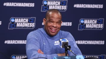 Mar 16, 2022; Fort Worth, TX, USA; North Carolina Tar Heels head coach Hubert Davis speaks to the media during practice before the first round of the 2022 NCAA Tournament at Dickies Arena. Mandatory Credit: Kevin Jairaj-USA TODAY Sports