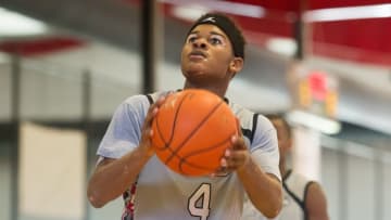 Jul 17, 2016; Winston Salem, NC, USA; Devontae Shuler (4) shoots the ball during the CP3 Live tournament at D1 Sports Training. Mandatory Credit: Jeremy Brevard-USA TODAY Sports