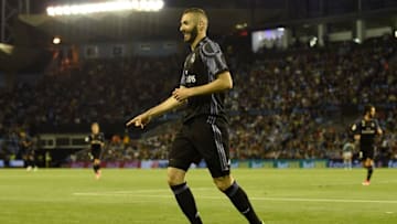 VIGO, SPAIN - MAY 17: Karim Benzema of Real Madrid celebrates the third goal against RC Celta during the La Liga match, between Celta Vigo and Real Madrid at Estadio Balaidos on May 17, 2017 in Vigo, Spain. (Photo by Octavio Passos/Getty Images)