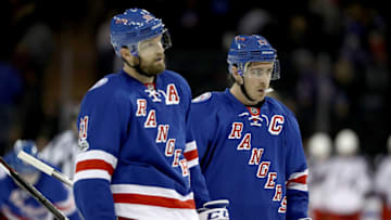 NEW YORK, NY - JANUARY 31: Rick Nash #61 and Ryan McDonagh #27 of the New York Rangers react to the loss to the Columbus Blue Jackets on January 31, 2016 at Madison Square Garden in New York City. The Columbus Blue Jackets defeated the New York Rangers 6-4. (Photo by Elsa/Getty Images)