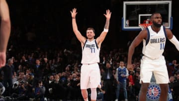 NEW YORK, NY - NOVEMBER 14: Luka Doncic #77 of the Dallas Mavericks celebrates during a game against the New York Knicks on November 14, 2019 at Madison Square Garden in New York City, New York. NOTE TO USER: User expressly acknowledges and agrees that, by downloading and or using this photograph, User is consenting to the terms and conditions of the Getty Images License Agreement. Mandatory Copyright Notice: Copyright 2019 NBAE (Photo by Nathaniel S. Butler/NBAE via Getty Images)