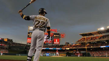 Jul 16, 2016; Washington, DC, USA; Pittsburgh Pirates center fielder Andrew McCutchen (22) stands in the on deck circle against the Washington Nationals during the first inning at Nationals Park. Mandatory Credit: Brad Mills-USA TODAY Sports