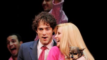 LONDON, ENGLAND - JULY 13: (EMBARGOED FOR PUBLICATION IN UK TABLOID NEWSPAPERS UNTIL 48 HOURS AFTER CREATE DATE AND TIME. MANDATORY CREDIT PHOTO BY DAVE M. BENETT/GETTY IMAGES REQUIRED) Lee Mead (L) and Carley Stenson bow during the Press Night performance of the new cast of 'Legally Blonde The Musical' featuring Carley Stenson, Lee Mead and Natalie Casey at The Savoy Theatre on July 13, 2011 in London, England. (Photo by Dave M. Benett/Getty Images)