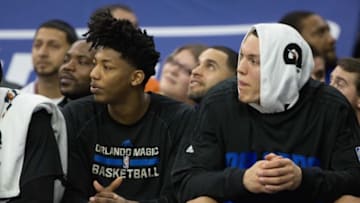 Feb 23, 2016; Philadelphia, PA, USA; Orlando Magic guard Elfrid Payton (L) and forward Aaron Gordon (R) on the players bench during the second half against the Philadelphia 76ers at Wells Fargo Center. The Orlando Magic won 124-115. Mandatory Credit: Bill Streicher-USA TODAY Sports