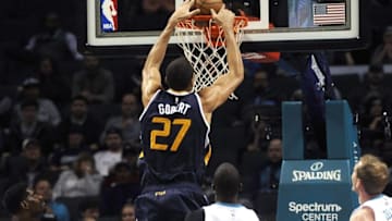 Nov 9, 2016; Charlotte, NC, USA; Utah Jazz center Rudy Gobert (27) drives to the basket and dunks the ball during the first half of the game against the Charlotte Hornets at the Spectrum Center. Mandatory Credit: Sam Sharpe-USA TODAY Sports