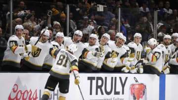 UNIONDALE, NEW YORK - DECEMBER 05: Jonathan Marchessault #81 of the Vegas Golden Knights celebrates his goal at 15:28 of the third period against the New York Islanders at NYCB Live's Nassau Coliseum on December 05, 2019 in Uniondale, New York. The Islanders defeated the Golden Knights 3-2 in overtime. (Photo by Bruce Bennett/Getty Images)
