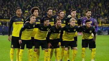 DORTMUND, GERMANY - NOVEMBER 5: teamphoto of Borussia Dortmund back row (L-R) Manuel Akanji of Borussia Dortmund, Axel Witsel of Borussia Dortmund, Mats Hummels of Borussia Dortmund, Nico Schulz of Borussia Dortmund, Julian Weigl of Borussia Dortmund, Roman Burki of Borussia Dortmund front row (L-R) Thorgan Hazard of Borussia Dortmund, Achraf Hakimi of Borussia Dortmund, Mario Gotze of Borussia Dortmund, Julian Brandt of Borussia Dortmund, Jadon Sancho of Borussia Dortmund during the UEFA Champions League match between Borussia Dortmund v Internazionale at the Signal Iduna Park on November 5, 2019 in Dortmund Germany (Photo by Laurens Lindhout/Soccrates/Getty Images)