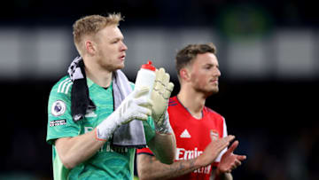 LIVERPOOL, ENGLAND - DECEMBER 06: Aaron Ramsdale of Arsenal applauds the fans during the Premier League match between Everton and Arsenal at Goodison Park on December 06, 2021 in Liverpool, England. (Photo by Naomi Baker/Getty Images)