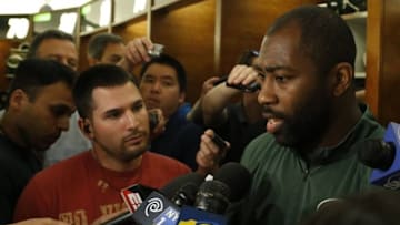 Jun 14, 2016; Florham Park, NJ, USA; New York Jets cornerback Darrelle Revis (24) answers questions from media during OTA at Atlantic Health Jets Training Center. Mandatory Credit: Noah K. Murray-USA TODAY Sports