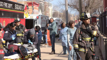 CHICAGO FIRE -- "The First Symptom" Episode 1117 -- Pictured: (l-r) Hanako Greensmith as Violet, David Eigenberg as Christopher Herrmann, Kara Killmer as Sylvie Brett, Milica Govich as Lori, Miranda Rae Mayo as Stella Kidd -- (Photo by: Adrian S Burrows Sr/NBC)