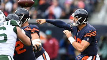 CHICAGO, IL - OCTOBER 28: Quarterback Mitchell Trubisky #10 of the Chicago Bears throws the football in the second quarter against the New York Jets at Soldier Field on October 28, 2018 in Chicago, Illinois. (Photo by Stacy Revere/Getty Images)