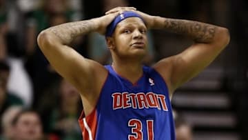 Apr 3, 2013; Boston, MA, USA; Detroit Pistons power forward Charlie Villanueva reacts to missing a shot during the fourth quarter of their 98-93 loss to the Boston Celtics in an NBA game at TD Garden. Mandatory Credit: Winslow Townson-USA TODAY Sports