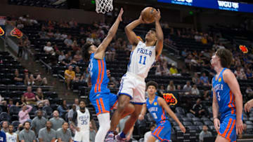 Jaden Springer #11 of the Philadelphia 76ers shoots over Tre Mann #23 of the Oklahoma City Thunder during the first half of their NBA Summer League game July 7, 2022 at the Vivint Smart Home Arena in Salt Lake City, Utah. (Photo by Chris Gardner/Getty Images)