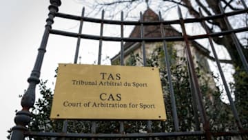 The entrance of the Court of Arbitration for Sport (CAS) is seen on November 15, 2017 in Lausanne. / AFP PHOTO / Fabrice COFFRINI (Photo credit should read FABRICE COFFRINI/AFP via Getty Images)