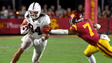 LOS ANGELES, CA - SEPTEMBER 07: Cornerback Chase Williams #7 of the USC Trojans stops tight end Colby Parkinson #84 of the Stanford Cardinal short of a first down in the fourth quarter of the game at the Los Angeles Memorial Coliseum on September 7, 2019 in Los Angeles, California. (Photo by Jayne Kamin-Oncea/Getty Images)