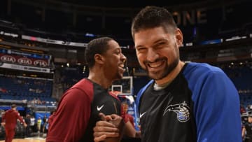 ORLANDO, FL - NOVEMBER 5: Channing Frye #9 of the Cleveland Cavaliers talks with Nikola Vucevic #9 of the Orlando Magic before the game on November 5, 2018 at Amway Center in Orlando, Florida. NOTE TO USER: User expressly acknowledges and agrees that, by downloading and or using this photograph, User is consenting to the terms and conditions of the Getty Images License Agreement. Mandatory Copyright Notice: Copyright 2018 NBAE (Photo by Gary Bassing/NBAE via Getty Images)