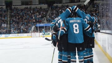 SAN JOSE, CA - APRIL 03: Timo Meier #28 of the San Jose Sharks celebrates with teammates after scoring a goal against the Dallas Stars at SAP Center on April 3, 2018 in San Jose, California. (Photo by Rocky W. Widner/NHL/Getty Images) *** Local Caption *** Timo Meier