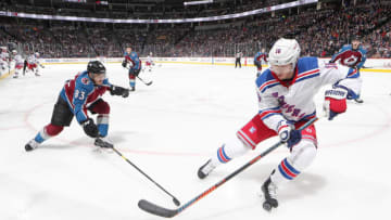 DENVER, CO - JANUARY 4: Matt Nieto #83 of the Colorado Avalanche defends against Ryan Strome #16 of the New York Rangers at the Pepsi Center on January 4, 2019 in Denver, Colorado. (Photo by Michael Martin/NHLI via Getty Images)