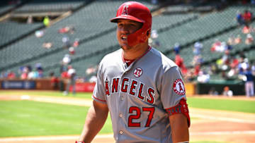 ARLINGTON, TEXAS - AUGUST 20: Mike Trout #27 of the Los Angeles Angels reacts after his two-run home run in the top of the first inning during game one of a doubleheader against the Texas Rangers at Globe Life Park in Arlington on August 20, 2019 in Arlington, Texas. (Photo by C. Morgan Engel/Getty Images)