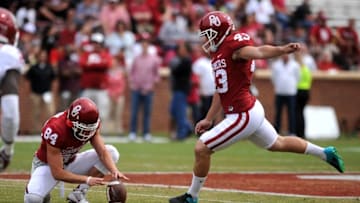 Apr 9, 2016; Norman, OK, USA; Oklahoma Sooners kicker Austin Seibert (43) attempts a field goal during the first half of the spring game at Oklahoma Memorial Stadium. Mandatory Credit: Mark D. Smith-USA TODAY Sports