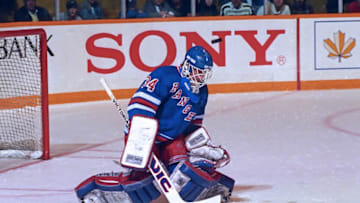 TORONTO, ON - MARCH 2: John Vanbiesbrouck #34 of the New York Rangers skates against the Toronto Maple Leafs during NHL game action on March 2, 1991 at Maple Leaf Gardens in Toronto, Ontario, Canada. (Photo by Graig Abel/Getty Images)