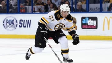 Mar 8, 2016; Tampa, FL, USA; Boston Bruins left wing Brad Marchand (63) skates with the puck against the Tampa Bay Lightning during the first period at Amalie Arena. Mandatory Credit: Kim Klement-USA TODAY Sports