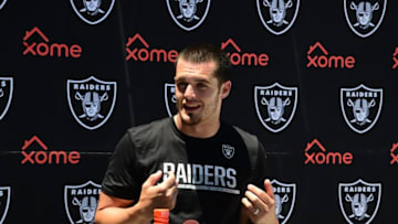 Jun 15, 2016; Alameda, CA, USA; Oakland Raiders quarterback Derek Carr at minicamp press conference at the Raiders practice facility. Mandatory Credit: Kirby Lee-USA TODAY Sports