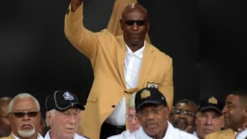 Aug 8, 2015; Canton, OH, USA; Eric Dickerson during the 2015 Pro Football Hall of Fame enshrinement at Tom Benson Hall of Fame Stadium. Mandatory Credit: Kirby Lee-USA TODAY Sports