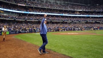 MILWAUKEE, WI - OCTOBER 12: Bob Uecker walks onto the field to throw out the ceremonial first pitch before Game 1 of the NLCS between the Los Angeles Dodgers and the Milwaukee Brewers at Miller Park on Friday, October 12, 2018 in Milwaukee, Wisconsin. (Photo by Alex Trautwig/MLB Photos via Getty Images)