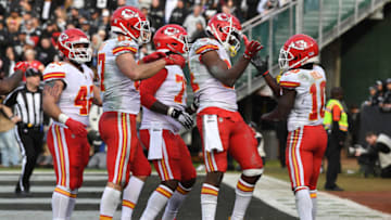 OAKLAND, CA - DECEMBER 02: Demetrius Harris #84 of the Kansas City Chiefs celebrates after scoring against the Oakland Raiders during their NFL game at Oakland-Alameda County Coliseum on December 2, 2018 in Oakland, California. (Photo by Thearon W. Henderson/Getty Images)