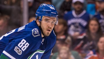 VANCOUVER, BC - APRIL 8: Nikita Tryamkin #88 of the Vancouver Canucks during a break in NHL action against the Edmonton Oilers on April 8, 2017 at Rogers Arena in Vancouver, British Columbia, Canada. (Photo by Rich Lam/Getty Images)
