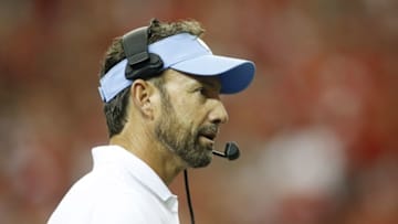 Sep 3, 2016; Atlanta, GA, USA; North Carolina Tar Heels head coach Larry Fedora during the first quarter of the 2016 Chick-Fil-A Kickoff game against the Georgia Bulldogs at Georgia Dome. Mandatory Credit: Brett Davis-USA TODAY Sports