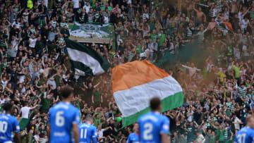 GLASGOW, SCOTLAND - SEPTEMBER 02: Fans of Celtic celebrates after Olivier Ntcham of Celtic scored their team's first goal during the Scottish Premier League match between Celtic and Rangers at Celtic Park Stadium on September 2, 2018 in Glasgow, Scotland. (Photo by Mark Runnacles/Getty Images)