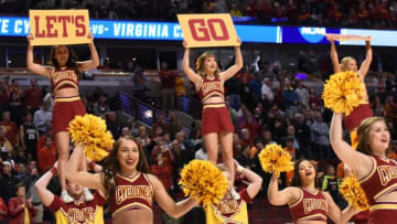 Mar 25, 2016; Chicago, IL, USA; Iowa State Cyclones cheerleaders perform against the Virginia Cavaliers in a semifinal game in the Midwest regional of the NCAA Tournament at United Center. Mandatory Credit: David Banks-USA TODAY Sports