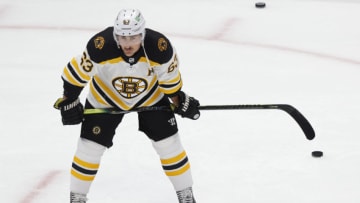 May 15, 2021; Washington, District of Columbia, USA; Boston Bruins left wing Brad Marchand (63) stands on the ice during warmups prior to the Bruins' game against the Washington Capitals in game one of the first round of the 2021 Stanley Cup Playoffs at Capital One Arena. Mandatory Credit: Geoff Burke-USA TODAY Sports