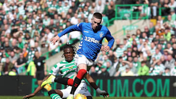 GLASGOW, SCOTLAND - MARCH 31: Ryan Kent of Rangers evades Dedryck Boyata of Celtic on his way to scoring during The Ladbrokes Scottish Premier League match between Celtic and Rangers at Celtic Park on March 31, 2019 in Glasgow, Scotland. (Photo by Ian MacNicol/Getty Images