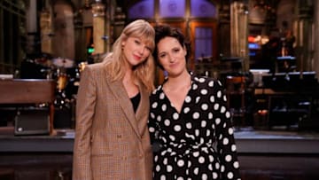 SATURDAY NIGHT LIVE -- "Phoebe Waller Bridge" Episode 1769 -- Pictured: (l-r) Musical guest Taylor Swift and host Phoebe Waller Bridge during promos in Studio 8H on October 3, 2019 -- (Photo by: Rosalind O'Connor/NBC)