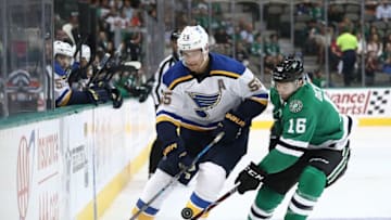 DALLAS, TX - SEPTEMBER 18: Colton Parayko #55 of the St. Louis Blues skates the puck against Jason Dickinson #16 of the Dallas Stars during a preseason game at American Airlines Center on September 18, 2018 in Dallas, Texas. (Photo by Ronald Martinez/Getty Images)