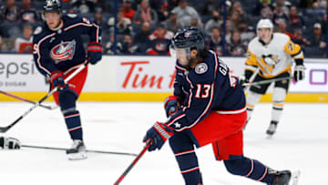 Sep 25, 2022; Columbus, Ohio, USA; Columbus Blue Jackets left wing Johnny Gaudreau (13) shoots the puck during the second period against the Pittsburgh Penguins at Nationwide Arena. Mandatory Credit: Joseph Maiorana-USA TODAY Sports