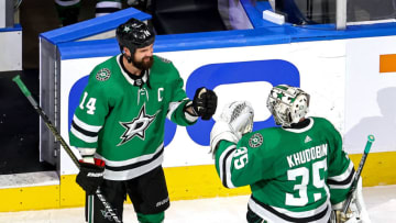 Anton Khudobin #35 and Jamie Benn #14 of the Dallas Stars (Photo by Bruce Bennett/Getty Images)