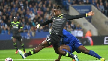 LEICESTER, ENGLAND - SEPTEMBER 20: Michy Batshuayi of Chelsea takes the ball past Wes Morgan of Leicester City during the EFL Cup Third Round match between Leicester City and Chelsea at The King Power Stadium on September 20, 2016 in Leicester, England. (Photo by Michael Regan/Getty Images)