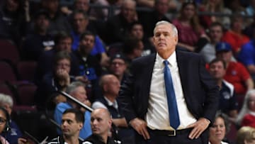 LAS VEGAS, NV - MARCH 03: Head coach Dave Rose of the Brigham Young Cougars looks on during a quarterfinal game of the West Coast Conference basketball tournament against the San Diego Toreros at the Orleans Arena on March 3, 2018 in Las Vegas, Nevada. The Cougars won 85-79. (Photo by Ethan Miller/Getty Images)